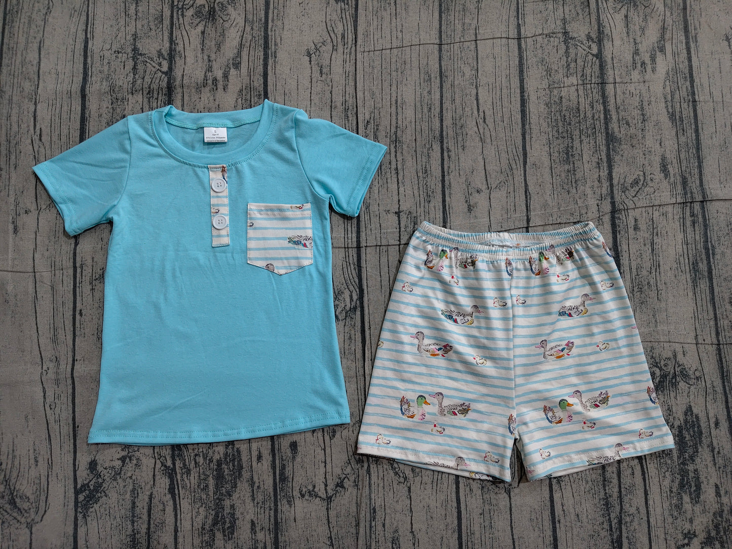 BSSO1802 Preorder Sample Baby Boy Blue Button Pockets Top Ducks Stripe Shorts Hunting Clothes Sets