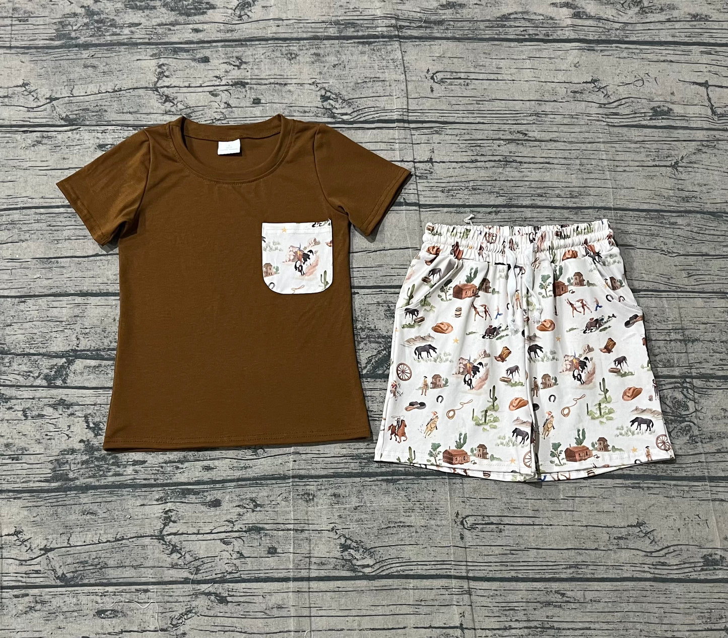 BSSO1825 Preorder Sample Baby Boy Pocket Shirt Top Horse Rodeos Cactus Pockets Short Western Clothes Sets