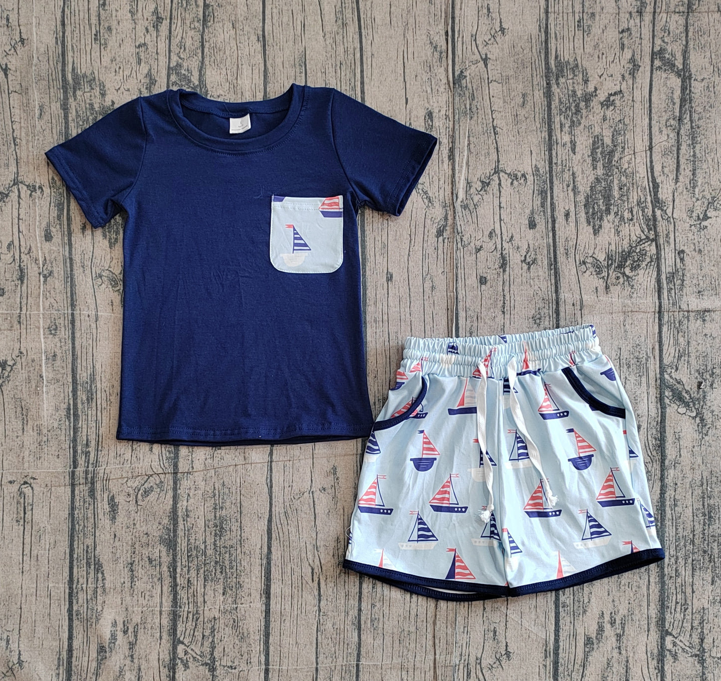 BSSO1855 Preorder Sample Baby Boy Navy Short Sleeve Shirt Top Boats Pockets Shorts Clothes Sets