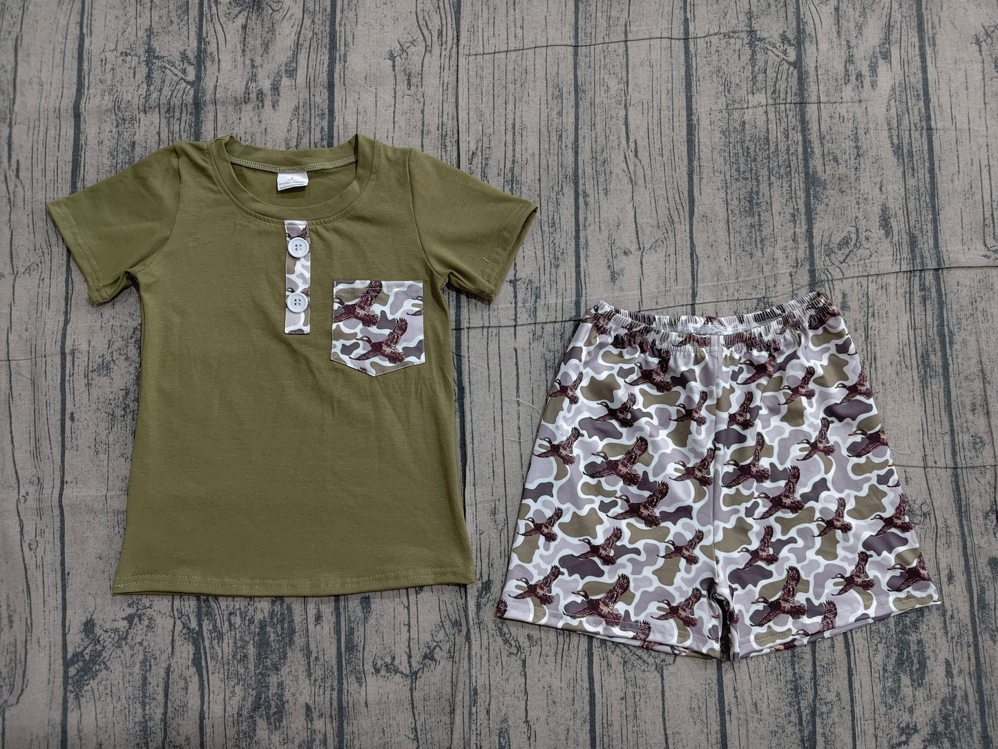 BSSO1856 Preorder Sample Baby Boy Olive Button Pocket Top Ducks Camo Shorts Hunting Clothes Sets