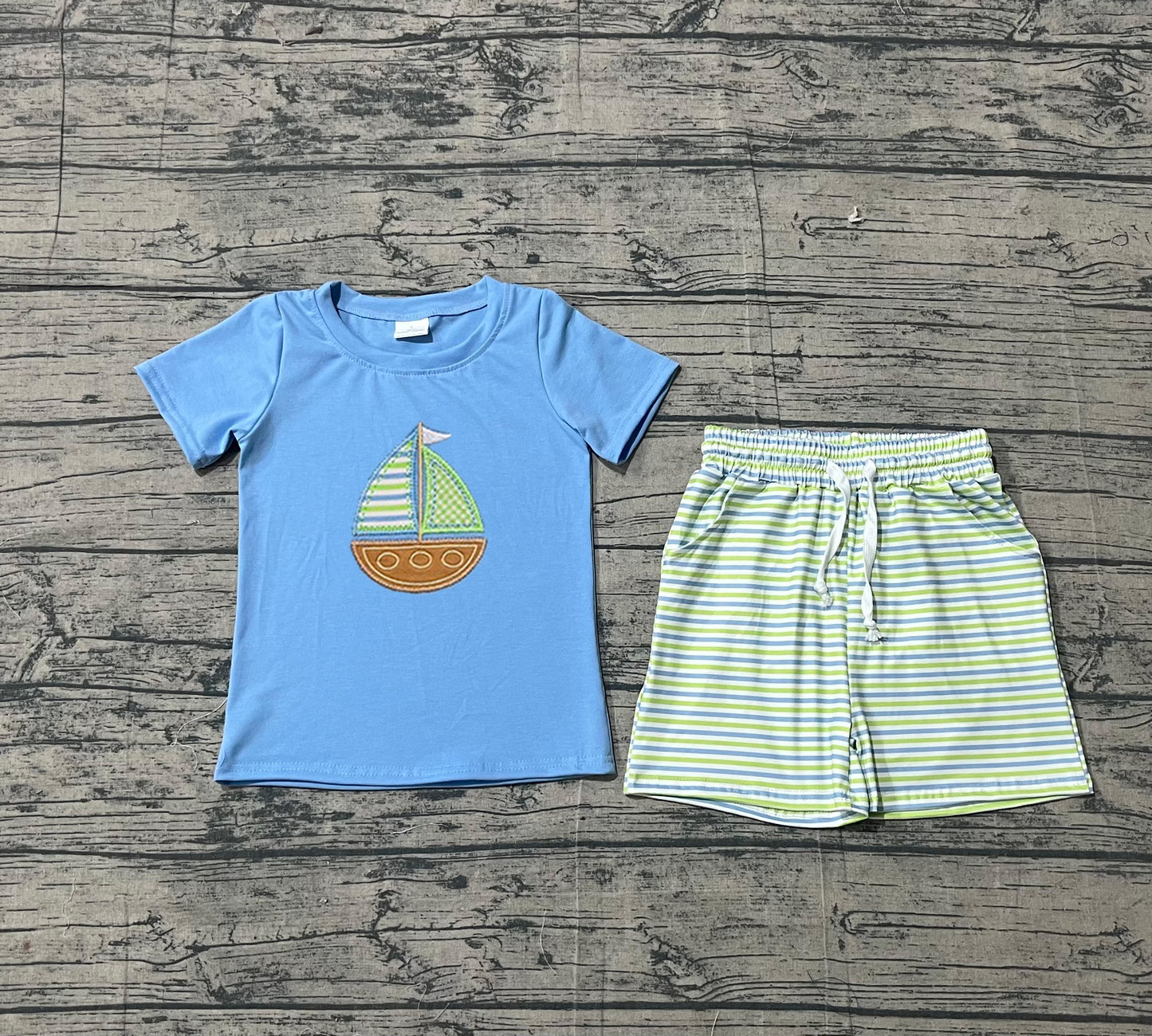 BSSO1860 Preorder Sample Baby Boy Embroidery Boats Blue Shirts Top Stripe Pockets Shorts Clothes Sets
