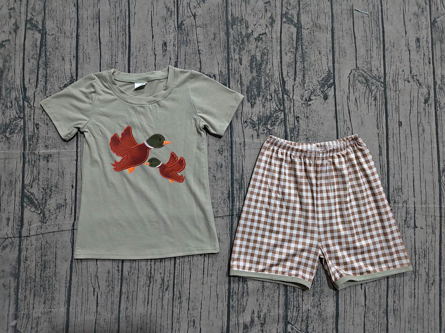 BSSO1867 Preorder Sample Baby Boys Embroidery Ducks Top Checked Shorts Hunting Clothes Sets