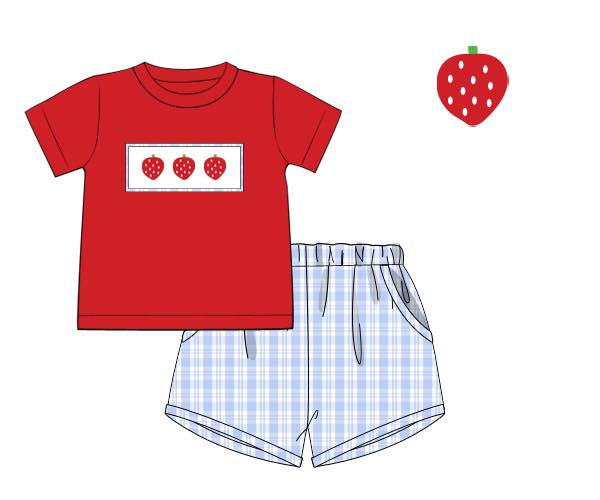 Pre-order no moq BSSO1871 pre-order baby boy clothes summer strawberry red short sleeve shorts sets-26.1.12