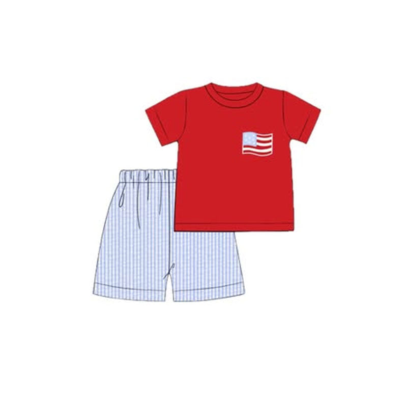 Pre-order no moq BSSO1873 pre-order baby boy clothes summer flag red short sleeve shorts sets-26.1.13