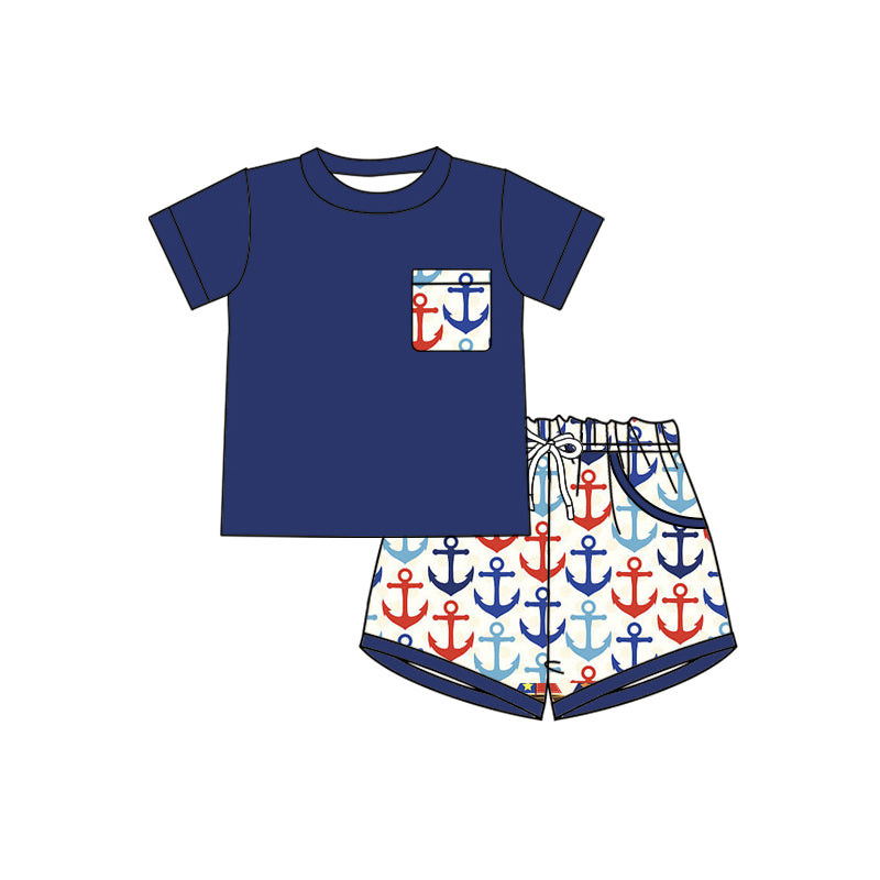 Pre-order no moq BSSO1874 pre-order baby boy clothes summer navy blue short sleeve shorts sets-26.1.13
