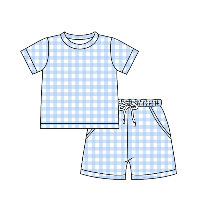 Pre-order no moq BSSO1896 pre-order baby boy clothes blue plaid short sleeve shorts summer outfit-26.1.16