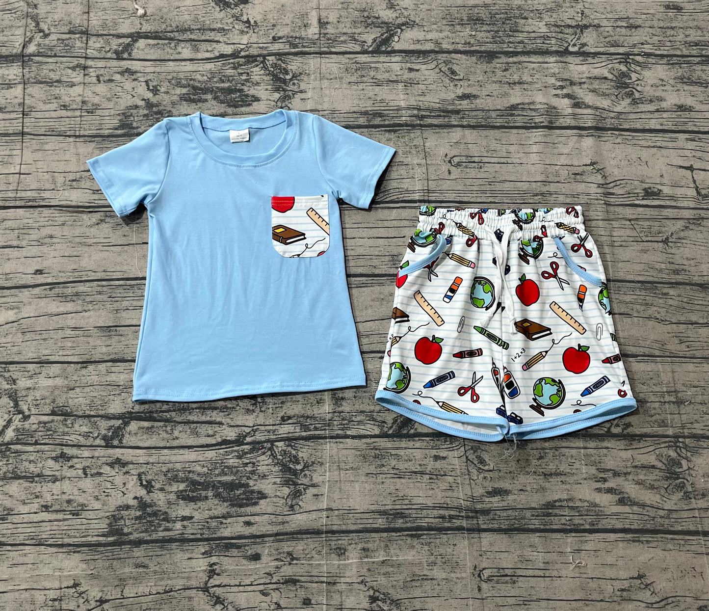 BSSO1921 Preorder Sample Baby Boy Apples Pencils Top Pockets Shorts Back to School Clothes Sets