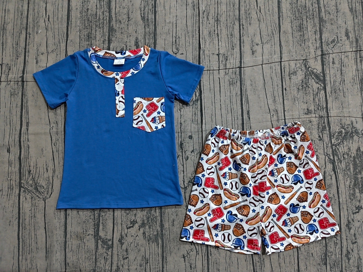 BSSO1922 Preorder Sample Baby Boy Button Pocket Shirt Top Baseballs Shorts Team Clothes Sets