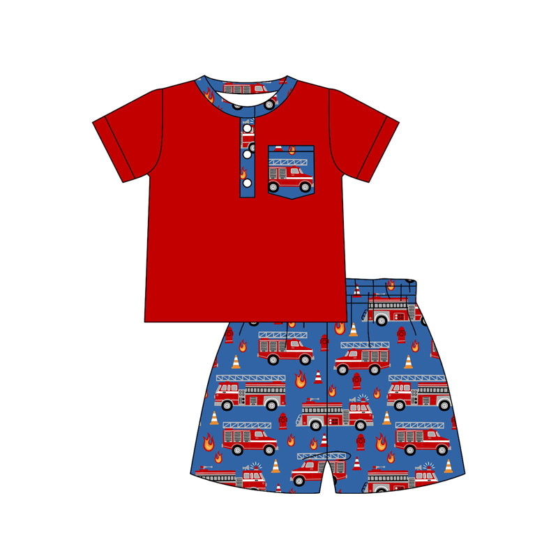 Pre-order Baby Boy Short Sleeve Button Pocket Shirts Top Firetrucks Shorts Clothes Sets BSSO1923
