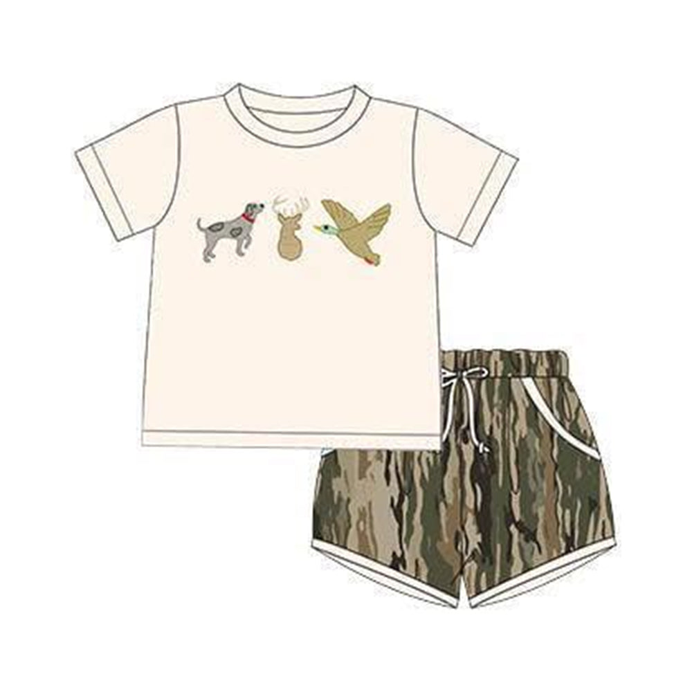 BSSO1927 Preorder Baby Boy Dog Ducks Deer Top Olive Camo Pockets Shorts Hunting Clothes Sets