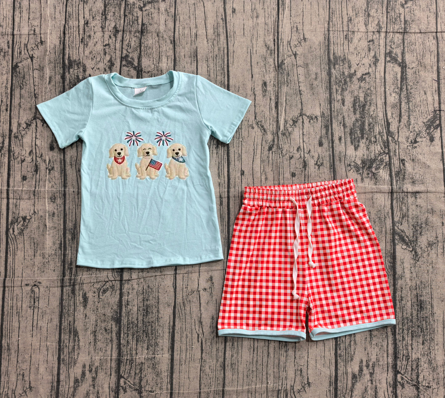 BSSO1934 Preorder Sample Embroidery Flag Dogs Baby Boys Top Checked Shorts 4th of July Clothes Sets