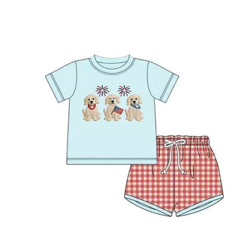 BSSO1934 Preorder Baby Boy Flag Dogs Top Checked Shorts 4th of July Clothes Sets