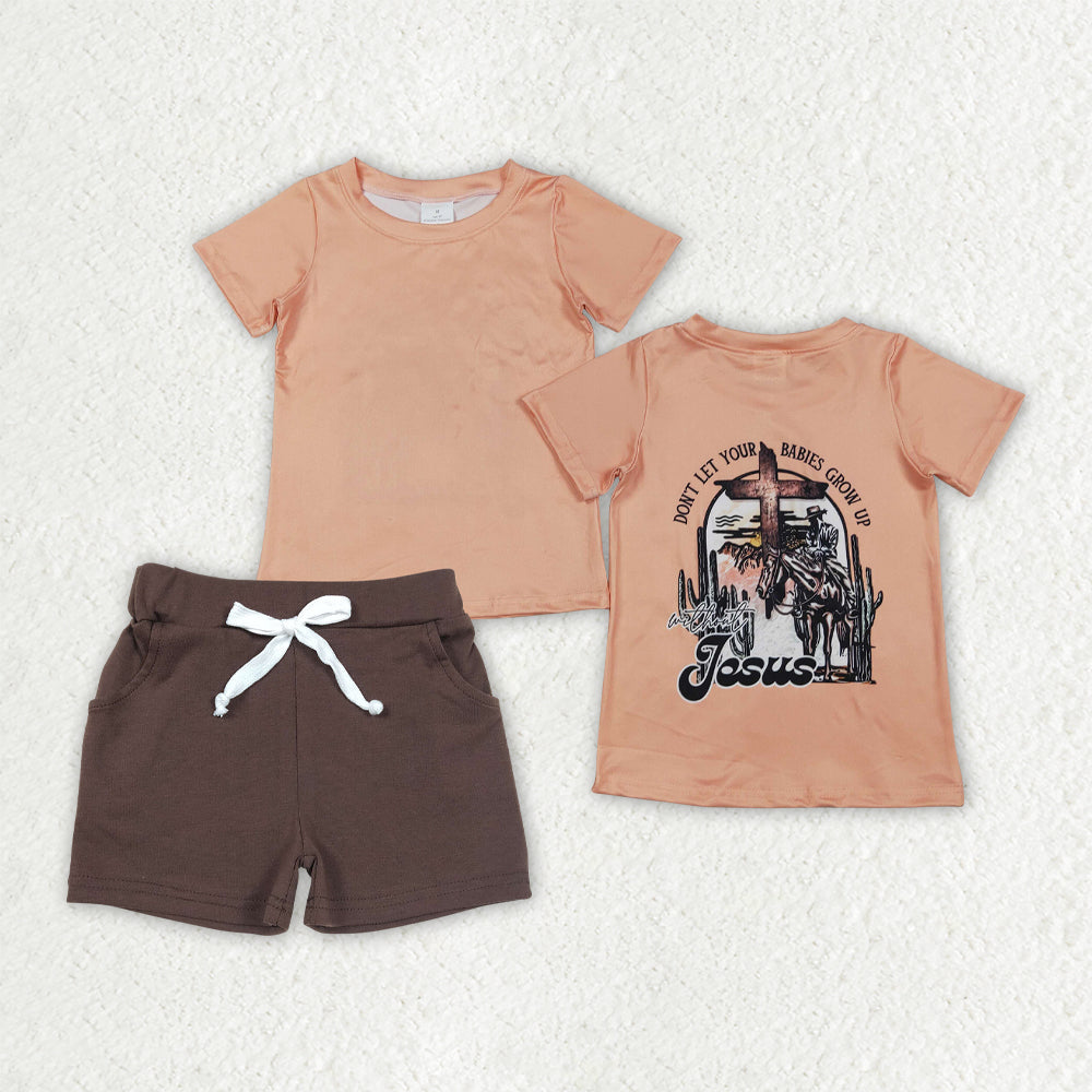 BSSO1936 Kids Baby Boys Jesus Horse Rodeos Top Pockets Short Clothes Sets