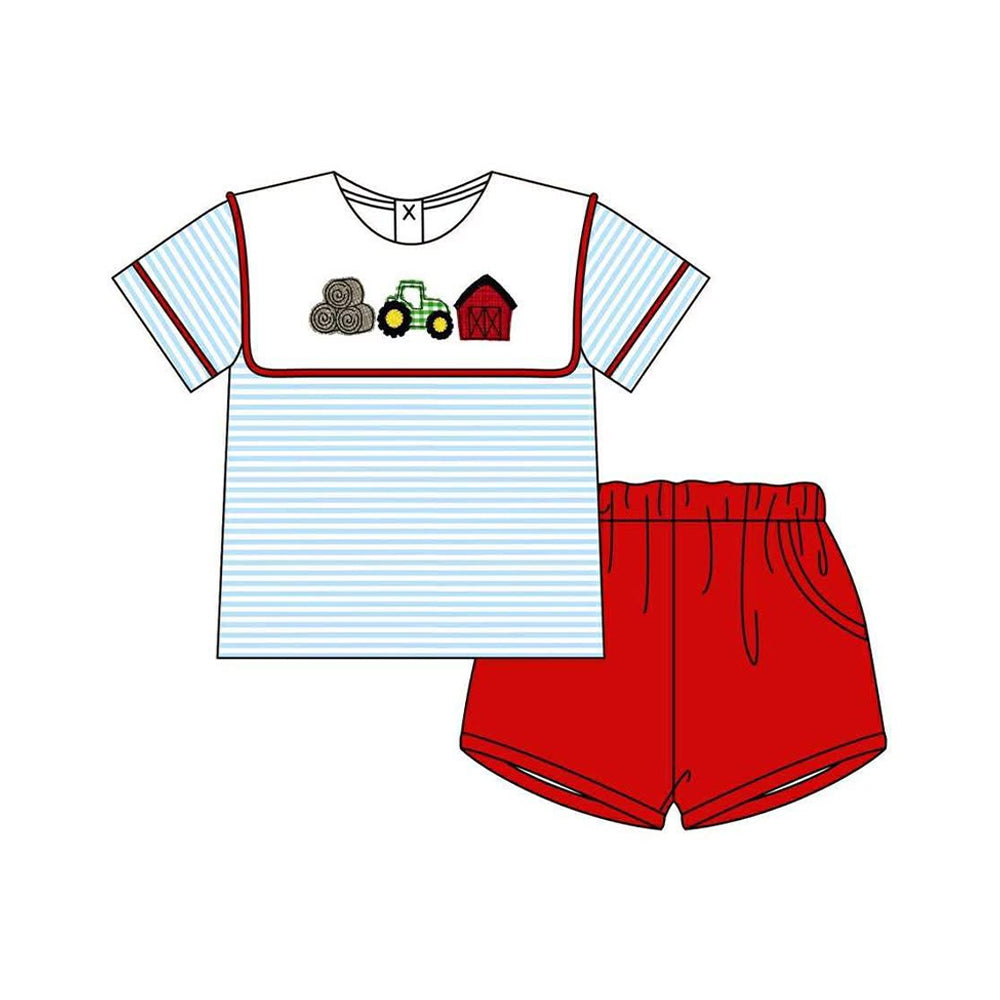 BSSO1939 Preorder Baby Boy Truck House Stripe Top Pockets Shorts Farm Clothes Sets