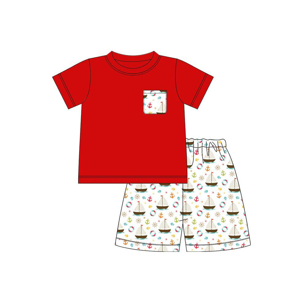 BSSO1944 Preorder Baby Boy Short Sleeve Pocket Top Boats Fishing Short Clothes Sets