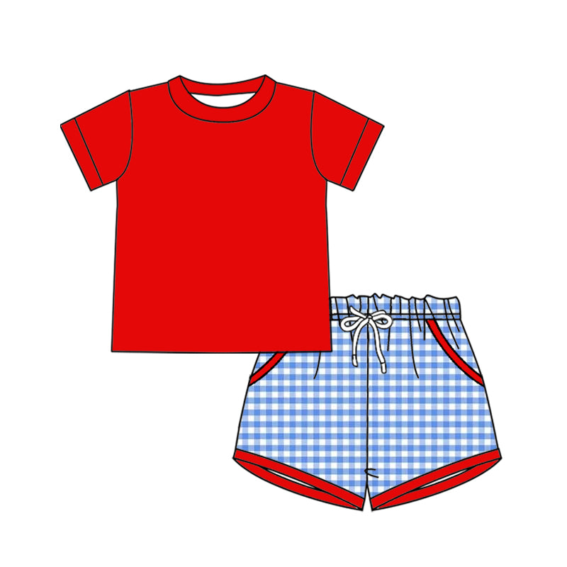 BSSO1948 Preorder Baby Boy Red Short Sleeve Shirt Top Checked Pockets Short Clothes Sets