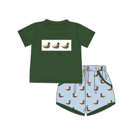 BSSO1949 Preorder Baby Boy Green Ducks Shirts Top Pockets Short Hunting Clothes Sets