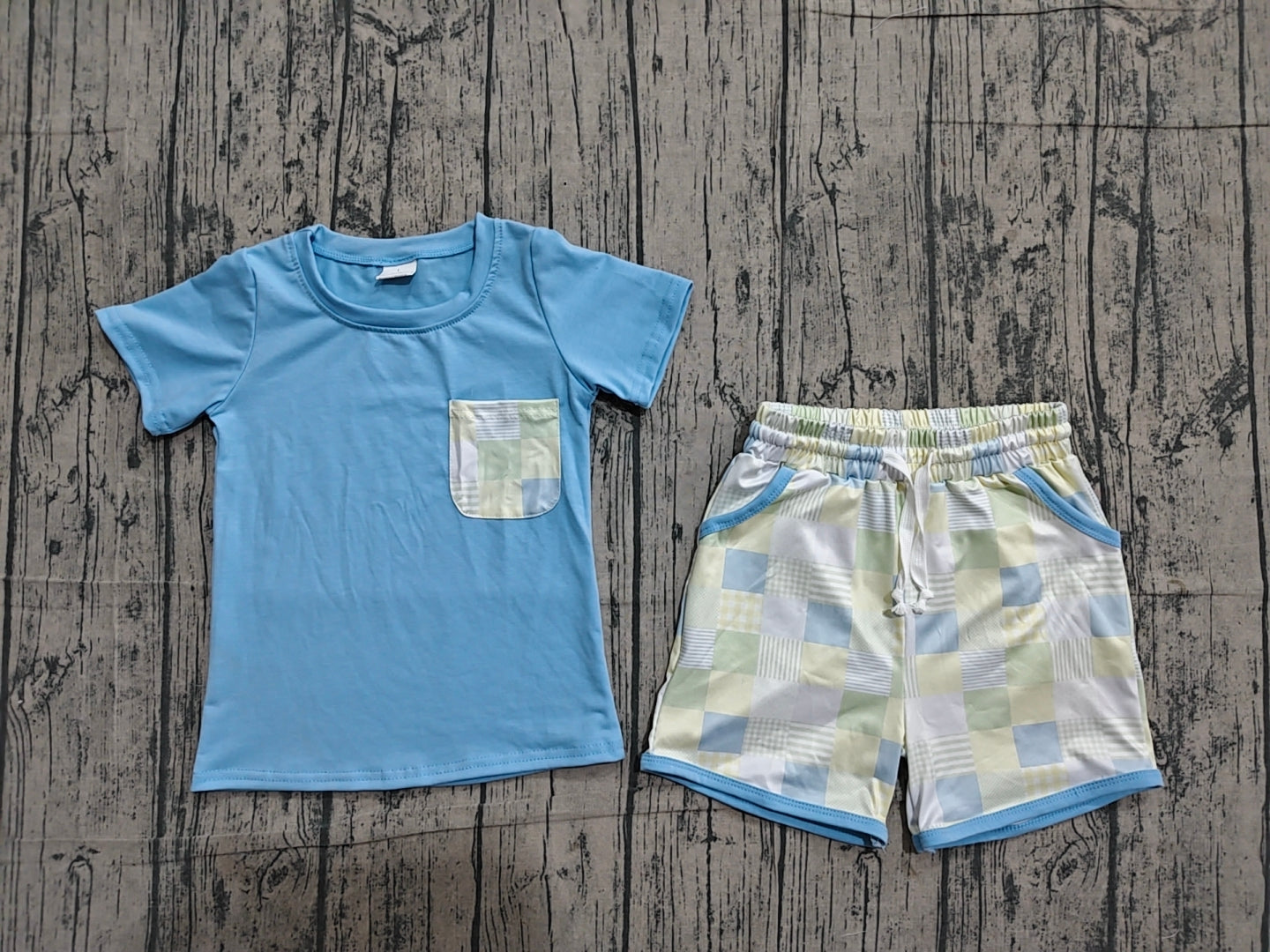 BSSO1950 Preorder Sample Baby Boys Light Blue Short Sleeve Shirt Top Checked Pockets Short Clothes Sets