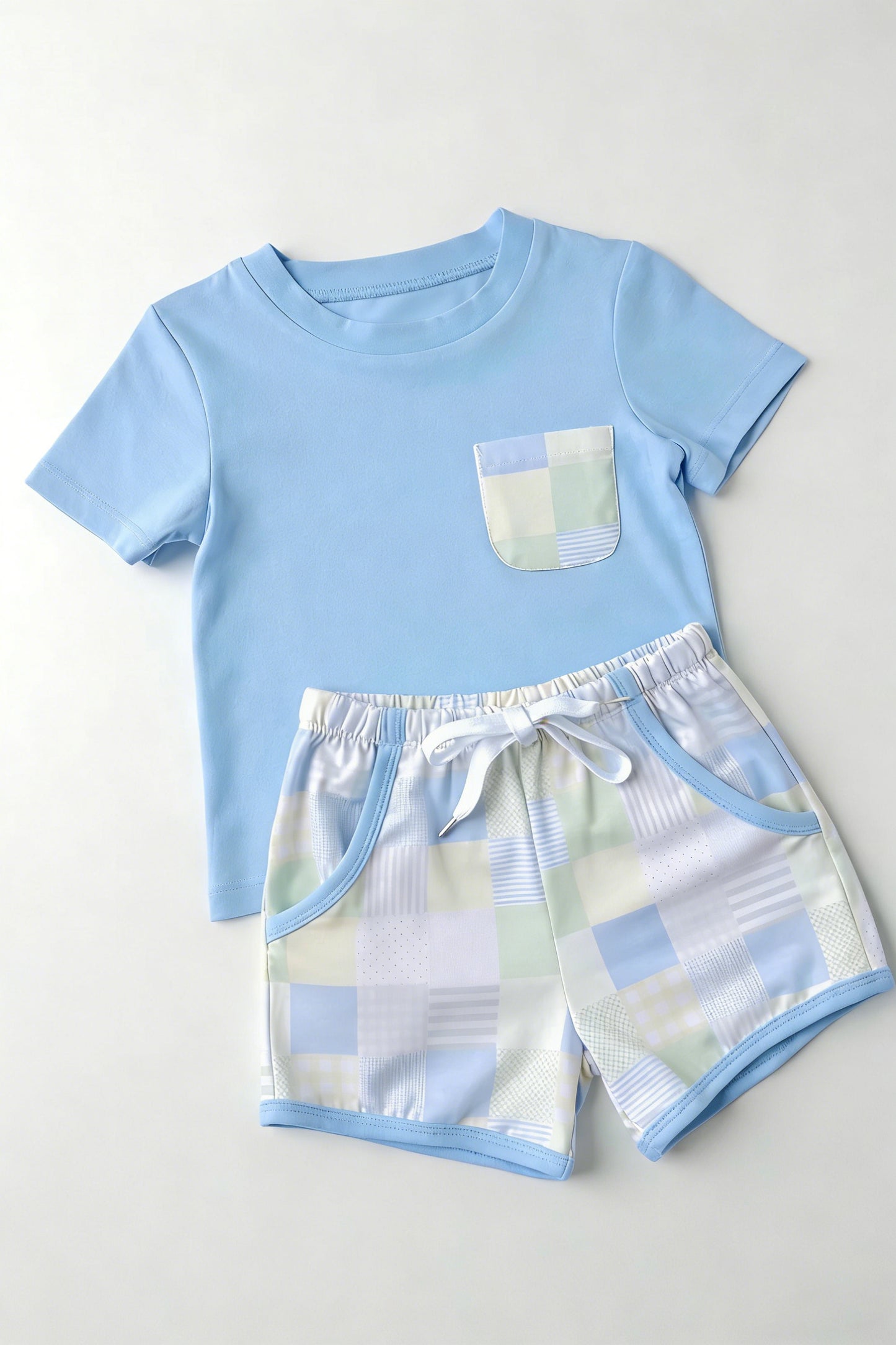BSSO1950 Preorder Baby Boy Light Blue Short Sleeve Shirt Top Checked Pockets Short Clothes Sets