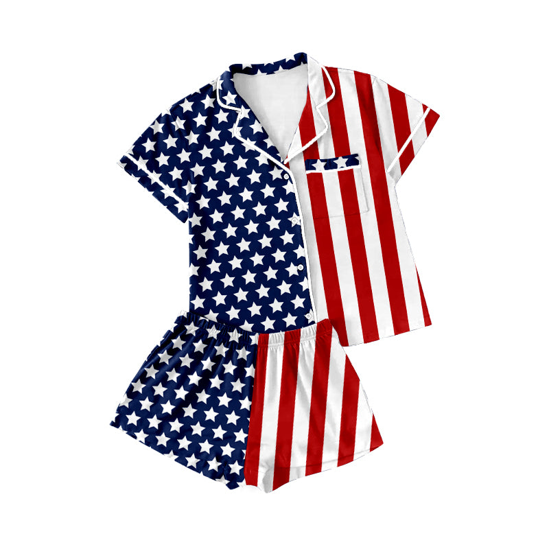 BSSO1953 Preorder Baby Boy Stars Stripe Button Pocket Top Short 4th of July Pajamas Sets
