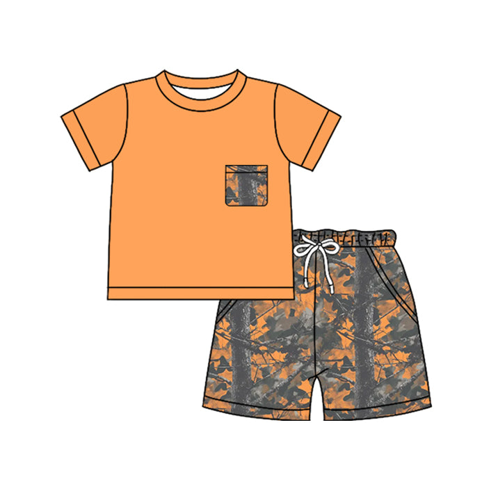 BSSO1954 Preorder Baby Boy Orange Leaves Camo Top Pockets Short Clothes Sets