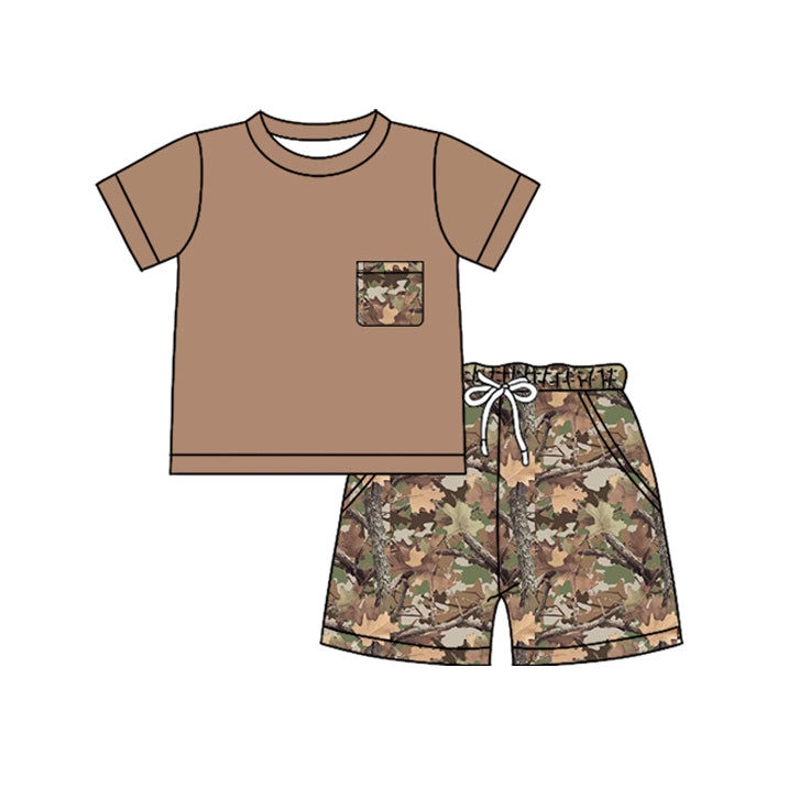 BSSO1955 Preorder Baby Boy Khaki Leaves Camo Top Pockets Short Clothes Sets