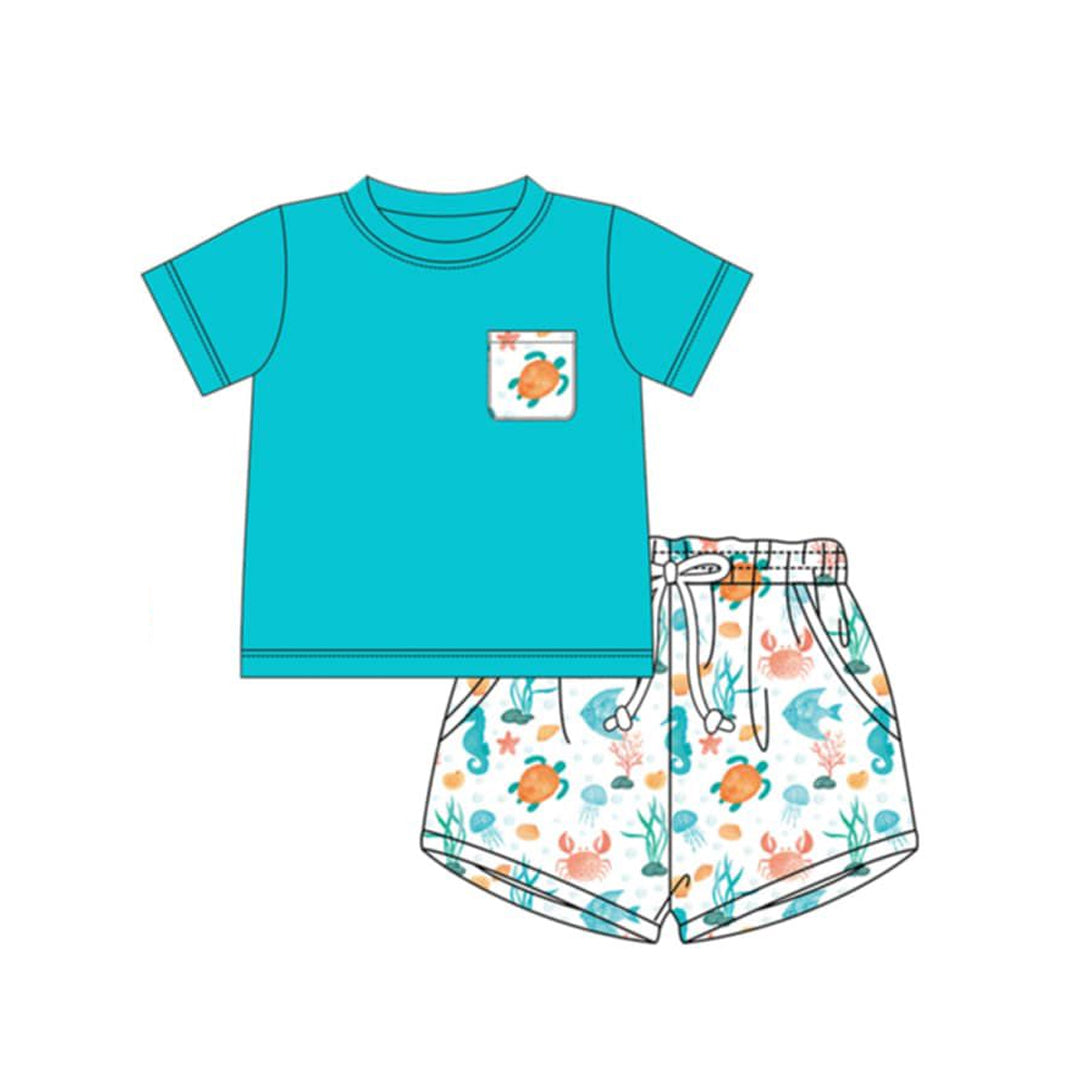 BSSO1965 Preorder Baby Boy Pockets Top Sea Animals Shorts Clothes Sets