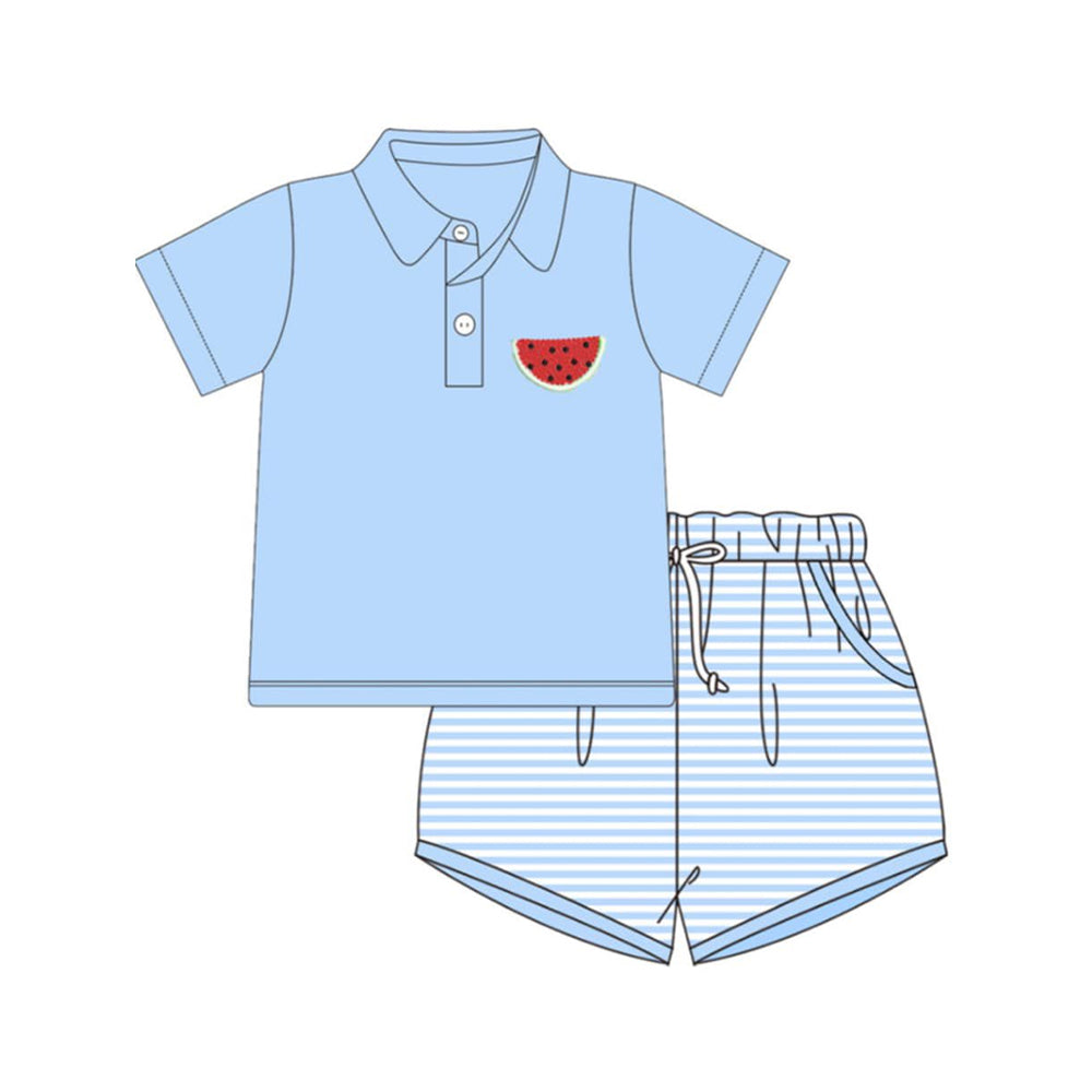 BSSO1969 Preorder Baby Boy Watermelon Button Polo Top Stripes Pockets Shorts Clothes Sets