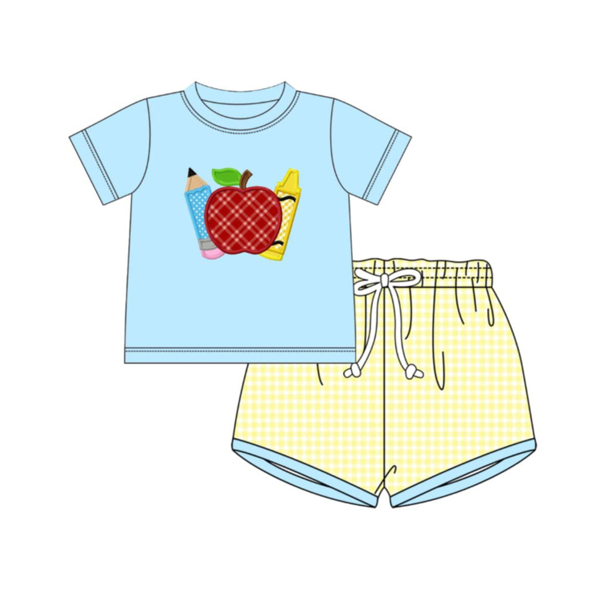 BSSO1973 Preorder Baby Boy Back to School Pencil Apple Top Plaid Pockets Shorts Clothes Sets