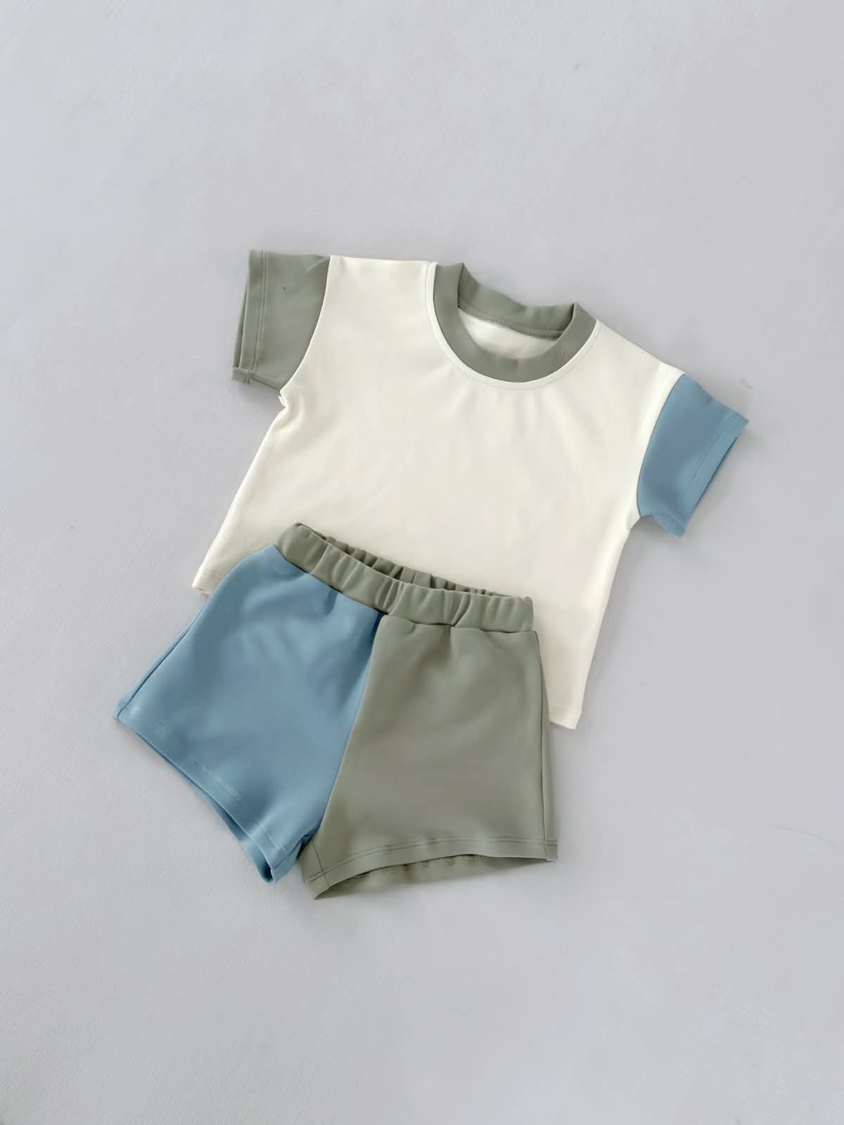 BSSO1976 Preorder Baby Boy Grey Blue Patchwork Top Short Pajamas Clothes Sets