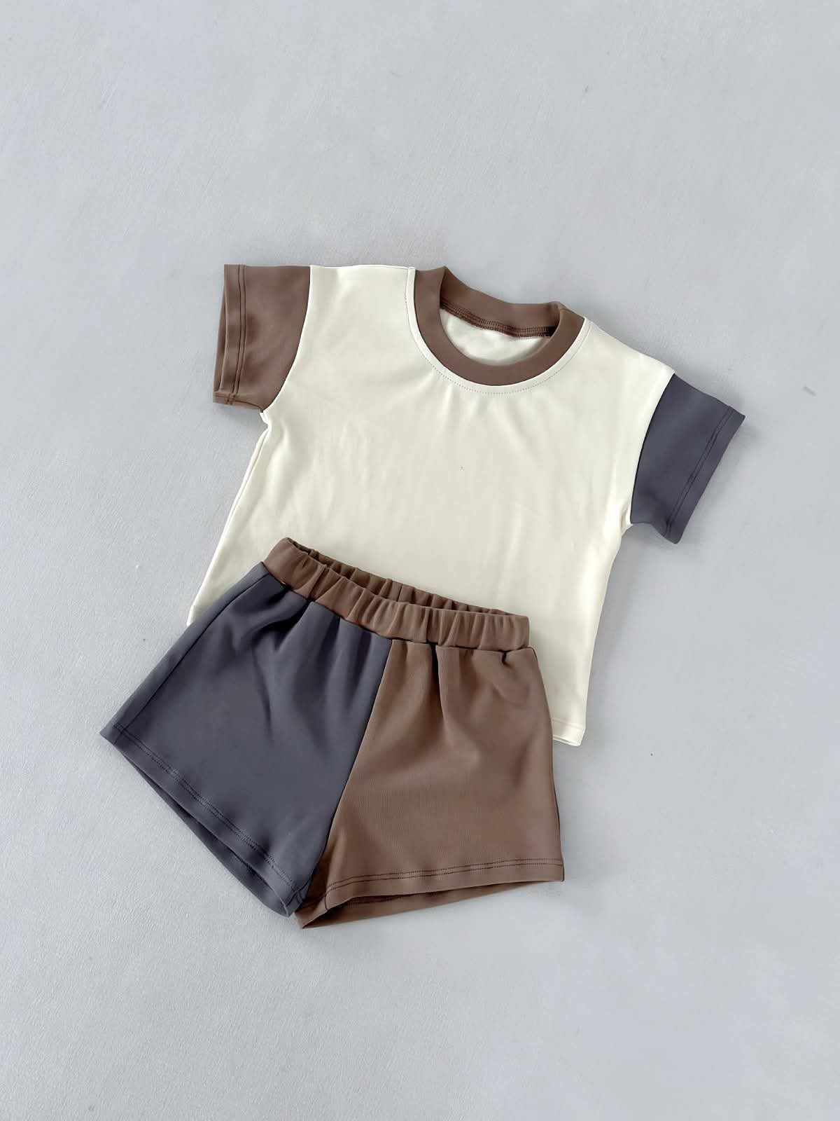 BSSO1977 Preorder Baby Boy Grey Brown Patchwork Top Short Pajamas Clothes Sets
