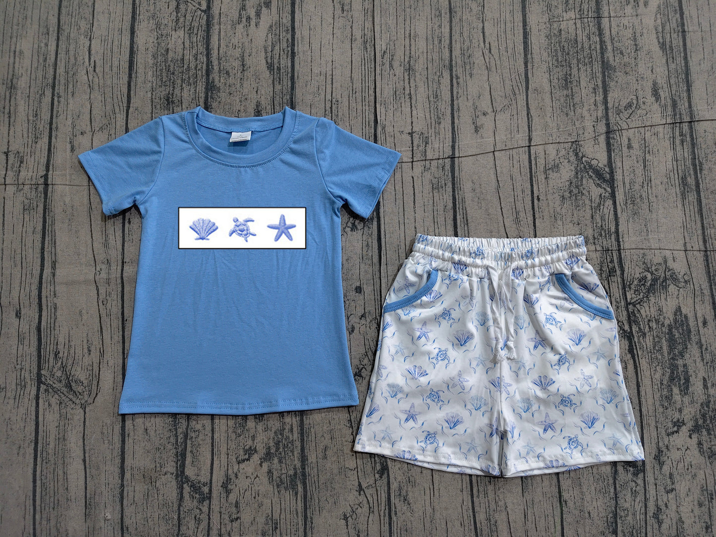 BSSO1979 Preorder Sample Embroidery Shell Starfishes Baby Boy Shirt Top Pockets Short Clothes Sets