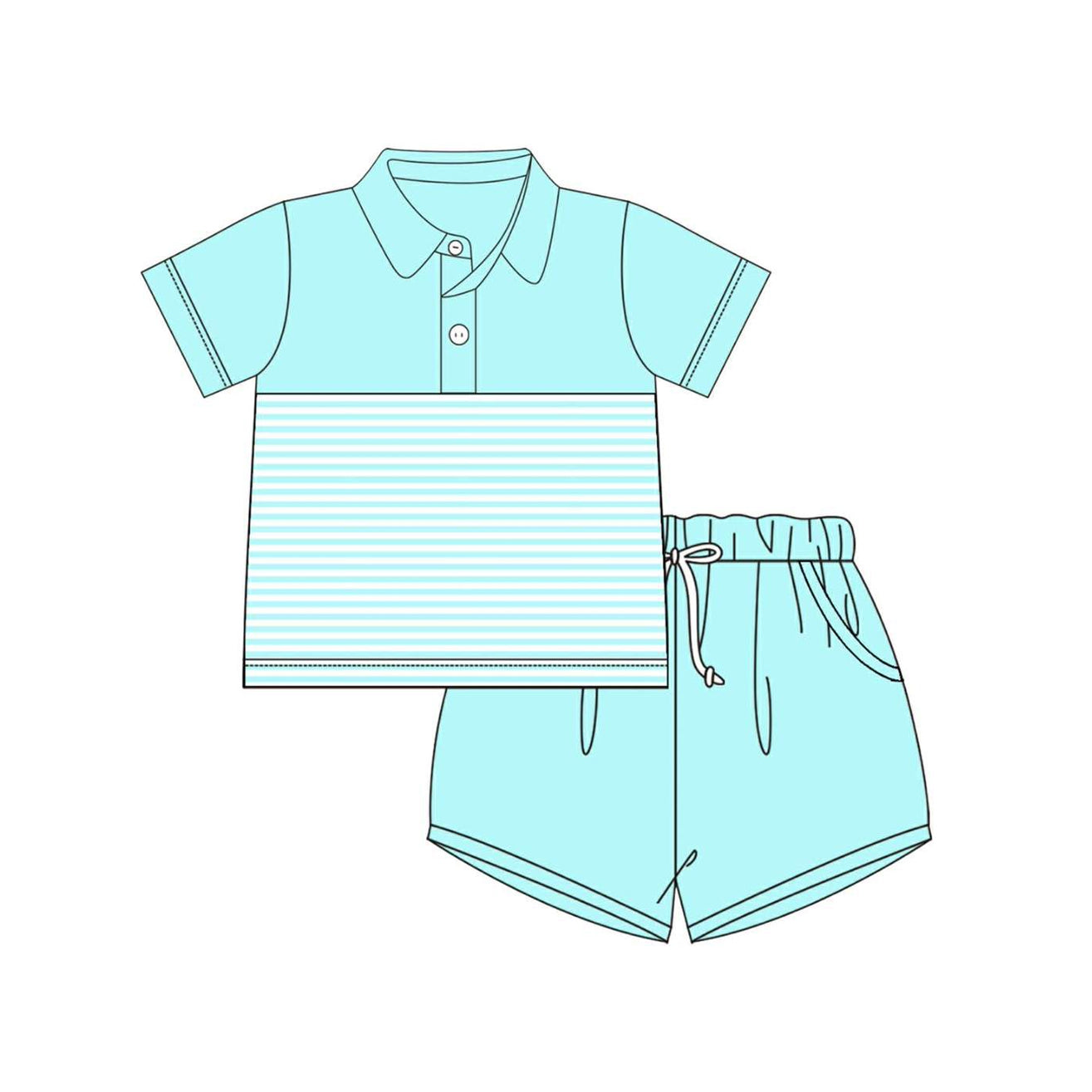 BSSO1983 Preorder Baby Boy Aqua Stripe Button Polo Shirts Top Pockets Short Clothes Sets