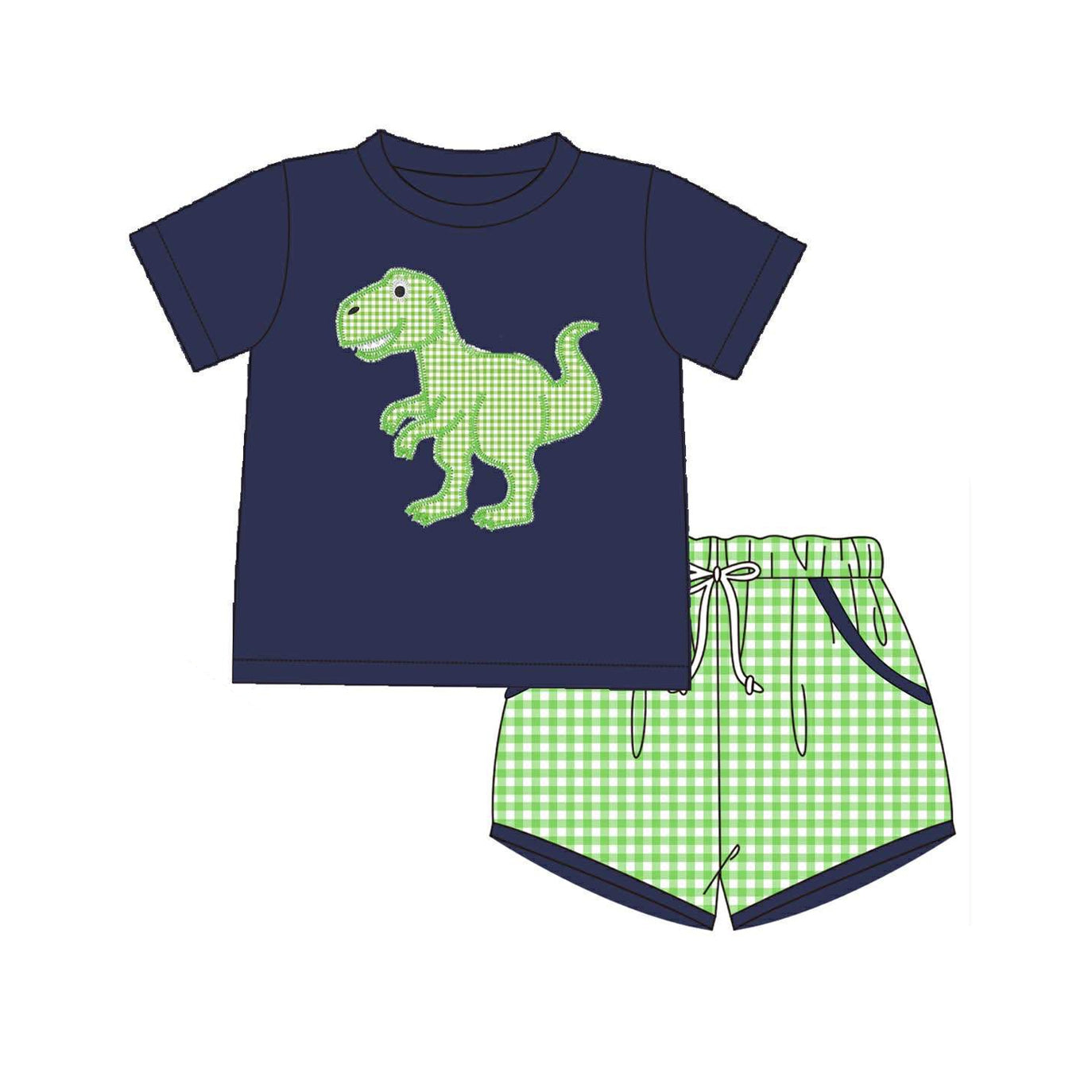 BSSO1984 Preorder Baby Boy Green Checked Dinosaur Shirt Top Pockets Short Clothes Sets