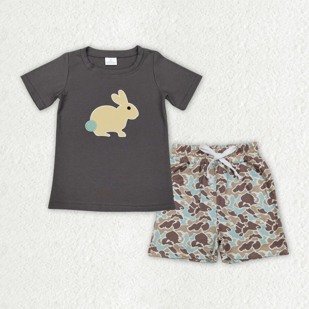 BSSO1987 Kids Embroidery Rabbit Baby Boy Shirts Top Camo Pockets Shorts Easter Clothes Sets