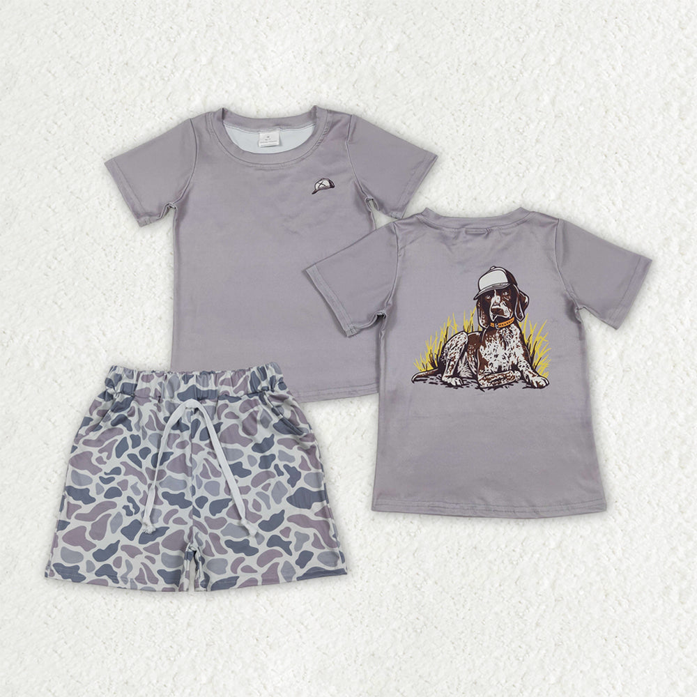 BSSO1988 Kids Baby Boy Grey Dogs Shirt Top Camo Pockets Shorts Hunting Clothes Sets