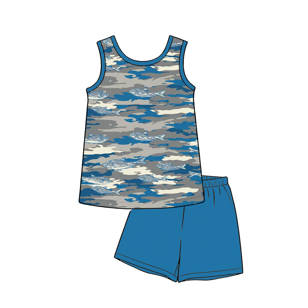 BSSO1991 Preorder Baby Boy Sleeveless Blue Camo Fishing Shirt Top Short Hunting Clothes Sets