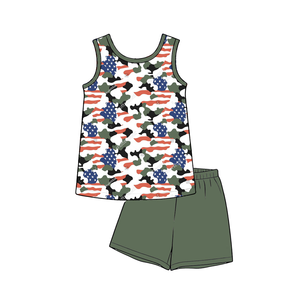 BSSO1993 Preorder Baby Boy Sleeveless Flags Camo Shirt Top Short 4th of July Clothes Sets