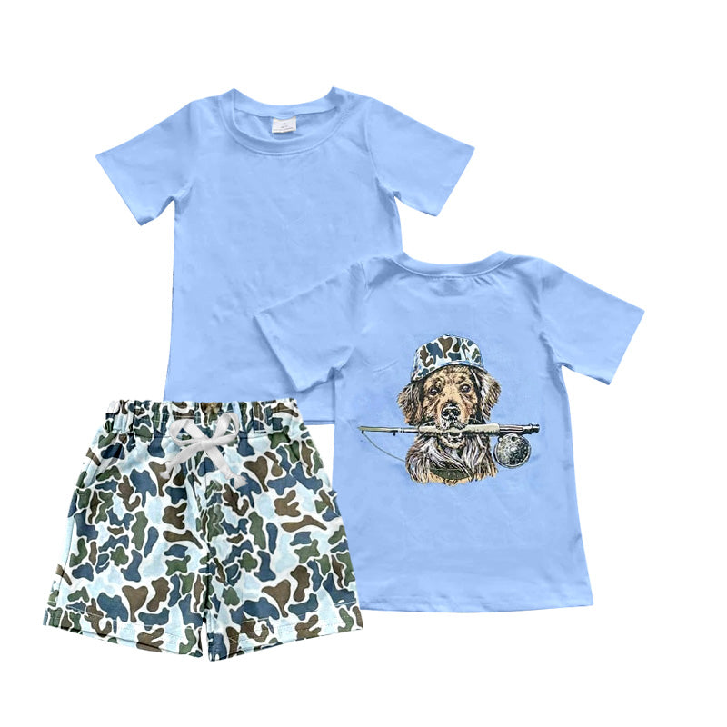 BSSO1999 Preorder Baby Boy Blue Short Sleeve Dogs Top Pockets Camo Short Hunting Clothes Sets