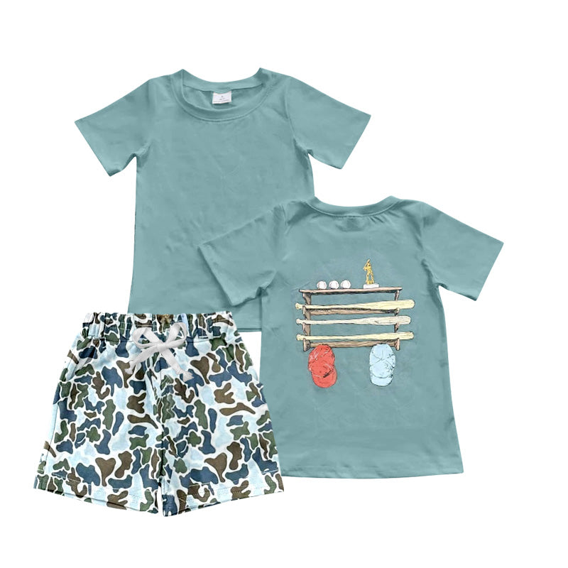 BSSO2000 Preorder Baby Boy Green Short Sleeve Baseballs Top Pockets Camo Short Team Clothes Sets