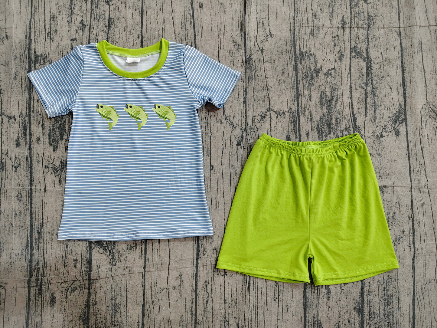 BSSO2001 Preorder Sample Embroidery Fishes Baby Boys Short Sleeve Stripe Top Short Hunting Clothes Sets