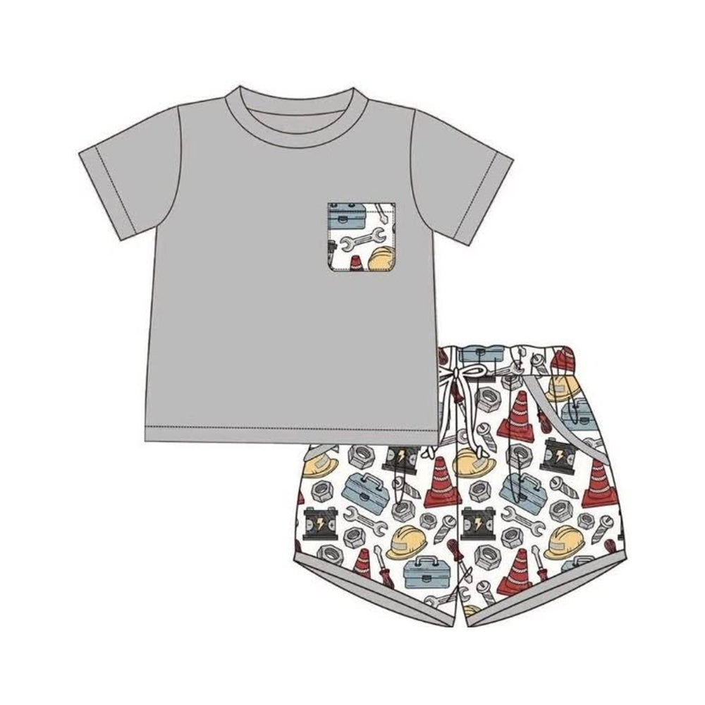 BSSO2005 Preorder Baby Boy Short Sleeve Shirt Top Tools Pockets Short Clothes Set