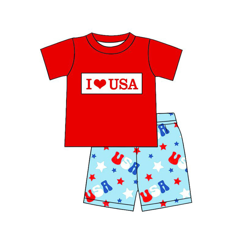 BSSO2011 Preorder Baby Boy I Love USA Stars Top Short 4th of July Clothes Set