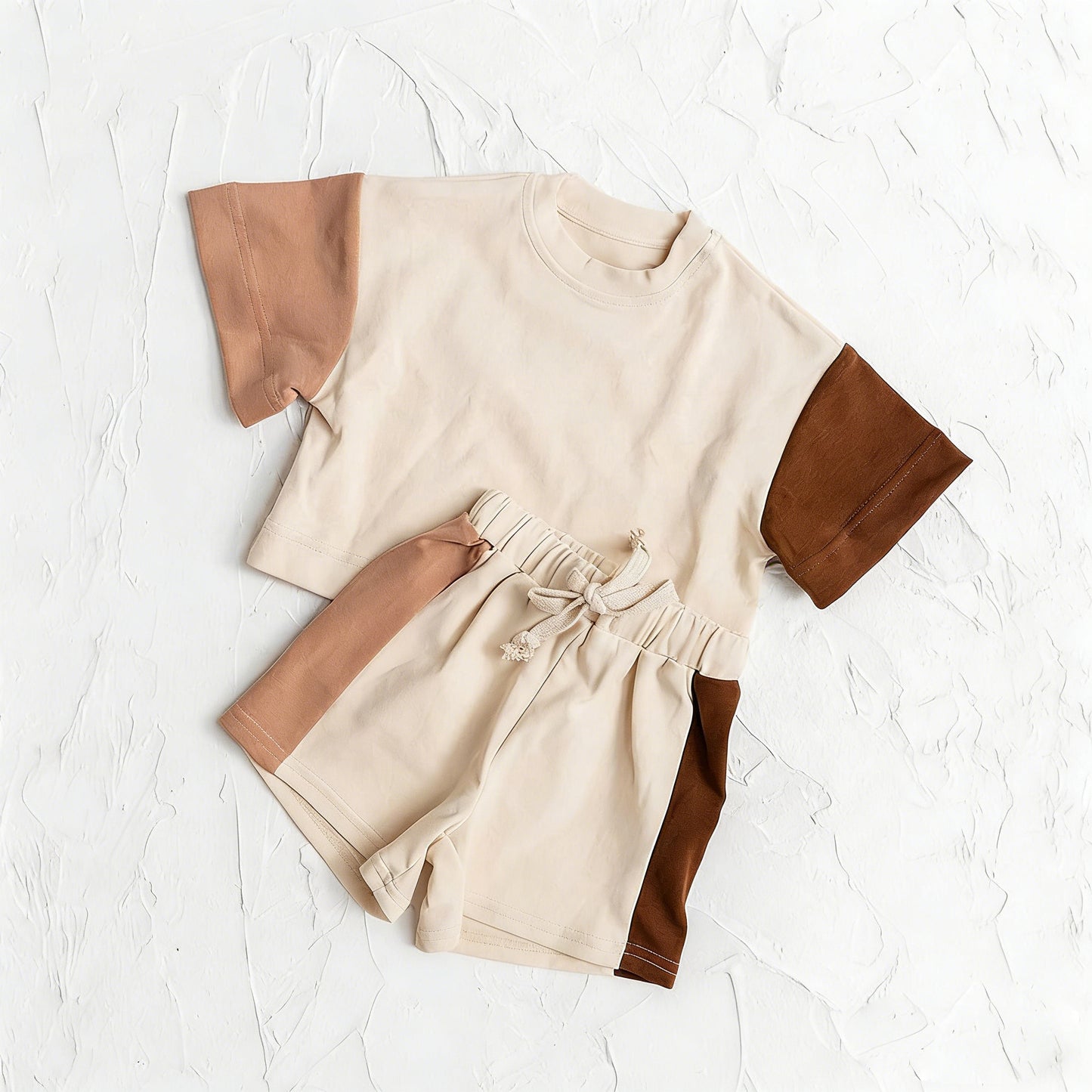 BSSO2012 Preorder Baby Boy Khaki Patchwork Short Sleeve Shirt Top Short Clothes Set
