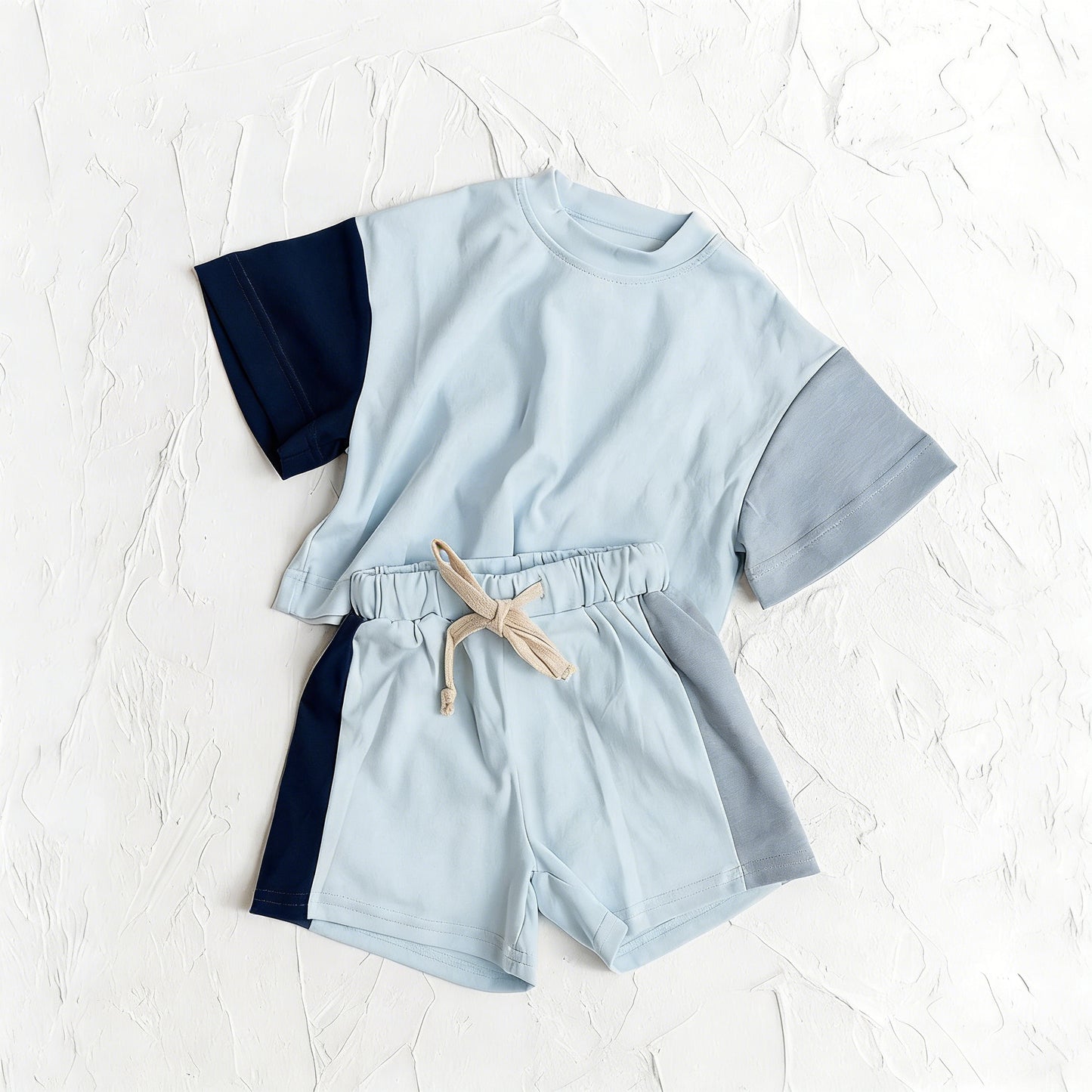BSSO2013 Preorder Baby Boy Blue Patchwork Short Sleeve Shirt Top Short Clothes Set