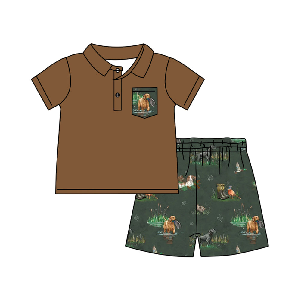 BSSO2014 Preorder Baby Boys Button Pocket Polo Shirt Top Duck Dogs Short Hunting Clothes Set