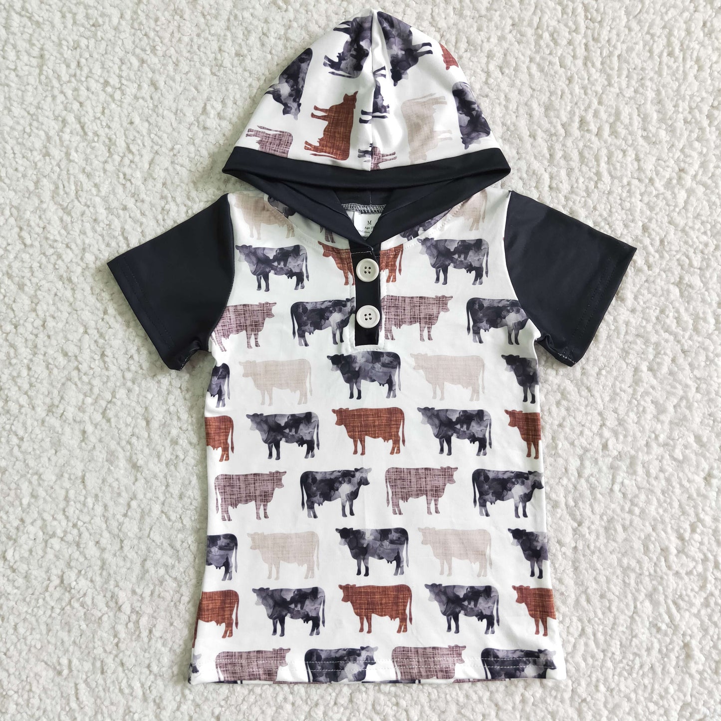 7.24 RTS NO MOQ(In Stock) BT0009 Boys Black Short Sleeve Hooded Cow Button Top