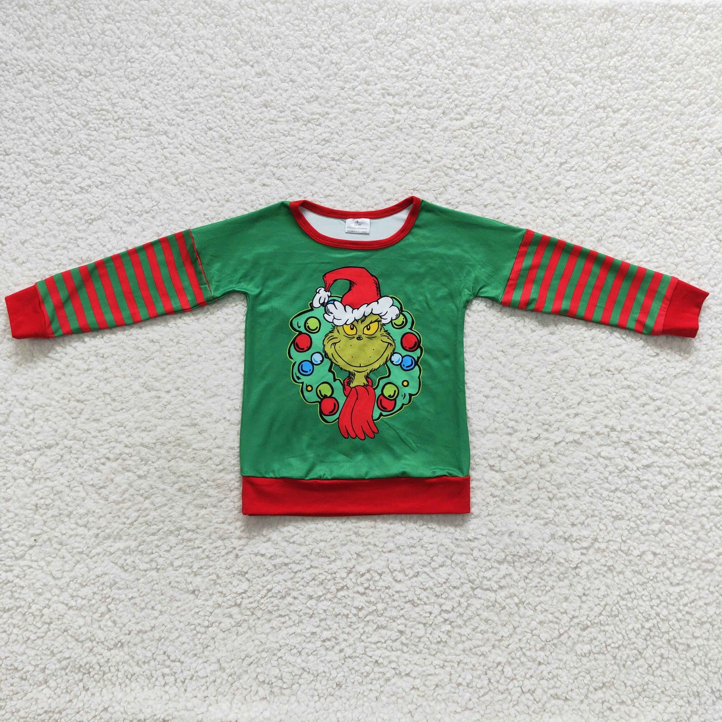 11.25 RTS NO MOQ(In Stock) BT0245 Christmas cartoon grinch red and green striped long-sleeved top