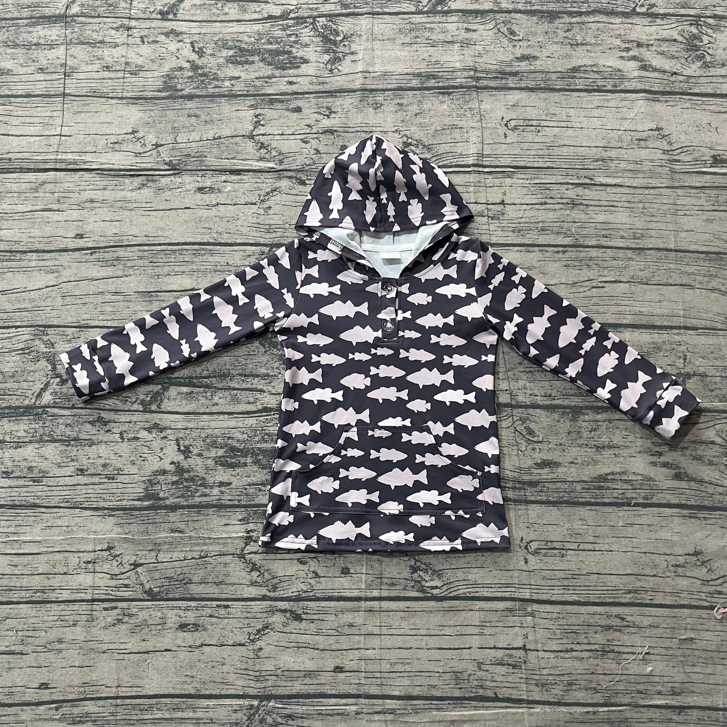 BT1545 Preorder Sample Baby Boy Fishes Plaid Button Pockets Hunting Hoodies Top