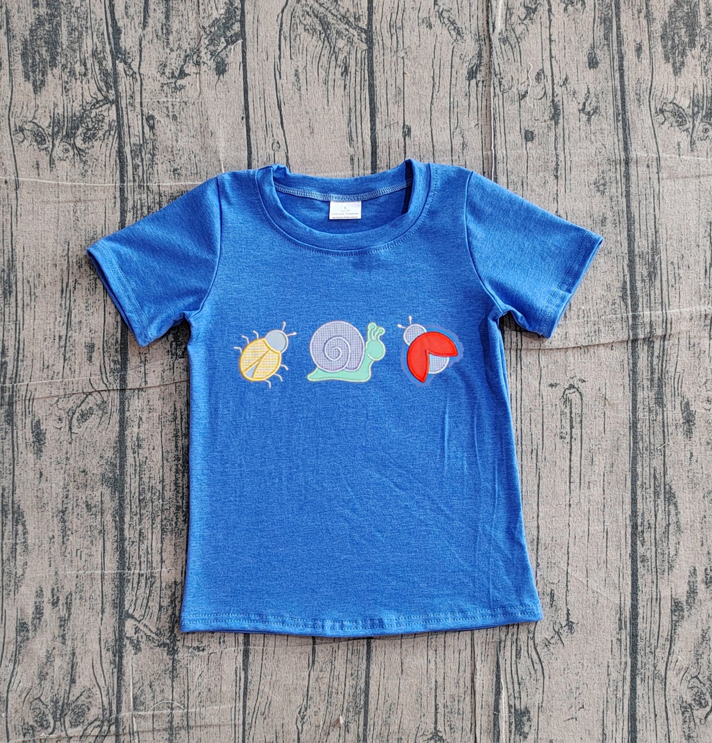 BT1725 Preorder Sample Embroidery Ladybirds Snails Baby Boy Blue Short Sleeve T-shirts Top